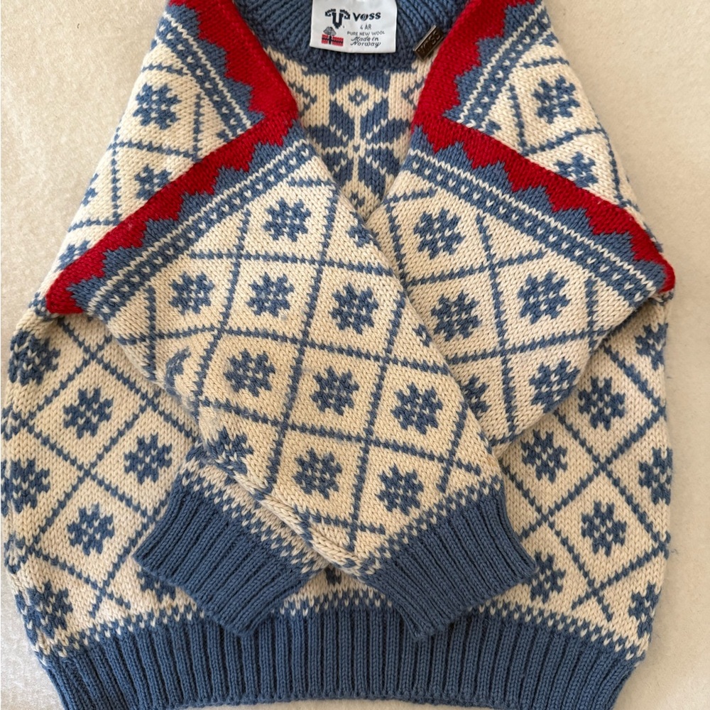 Blue, cream and Red Norwegian kids Fair Isle Voss Sweater- size 4